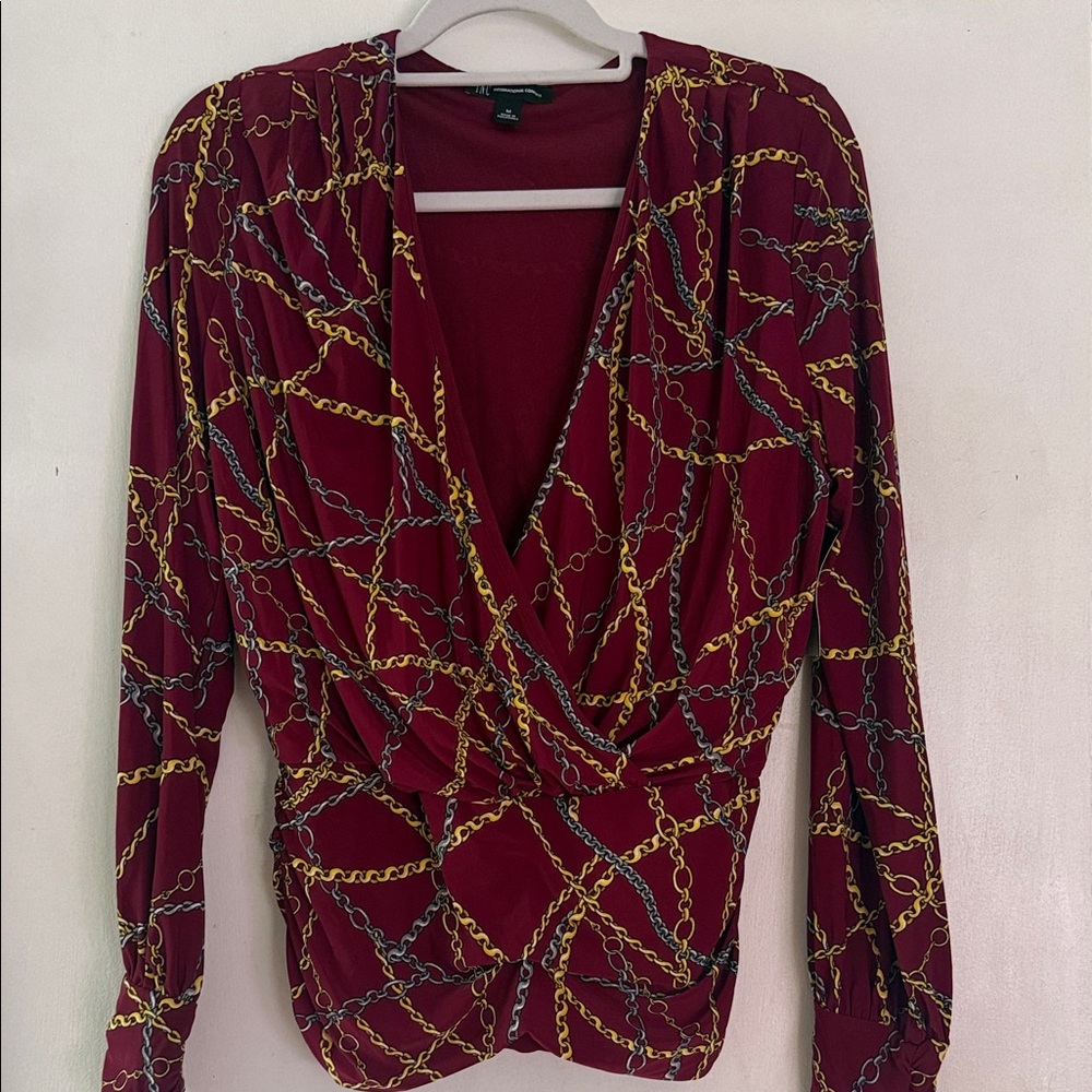 INC International Concepts Burgundy Chain-Print Top with Gold and Gray Links